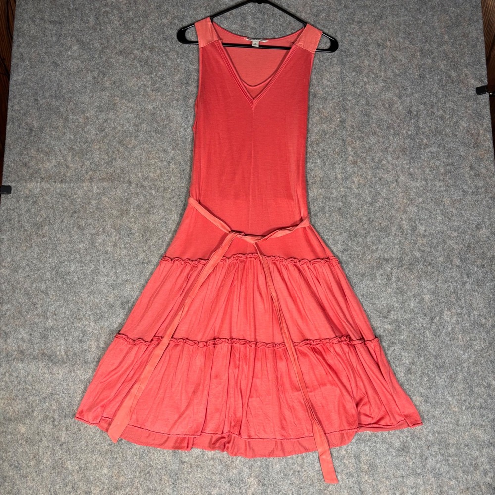 Banana Republic Midi Dress Womens Size M Coral Pink Tiered Lyocell Boho Ruffled